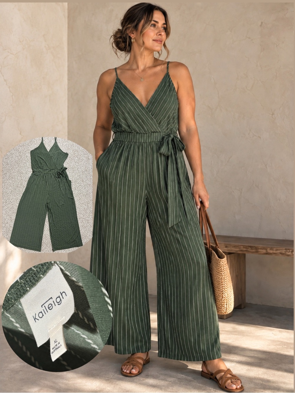 Kaileigh XL Green White Striped Sleeveless V-Neck Wide-Leg Jumpsuit Tie Lined